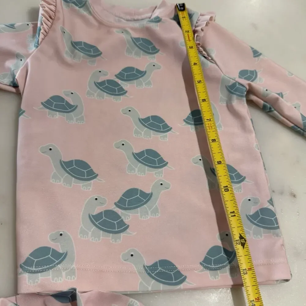 H&M Girls 2T Bathing Suit Long Sleeve Rash Guard Swim Set 2 Piece Pink Turtle